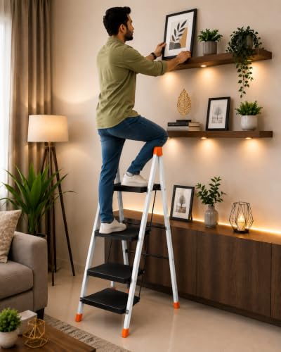 Image of CIPLA PLAST Polo 4-Step Foldable Ladder for Home & Office | Heavy Duty Anti-Slip Wide Steps | Lightweight Aluminium Step Stool | Safety Lock & Non-Slip Feet | Multi-Purpose Folding Ladder