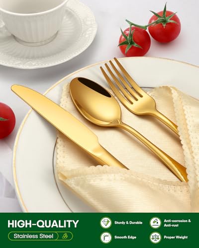 Image of PHILIPALA 65 Piece Gold Silverware Set with Serving Utensils, Stainless Steel Flatware Set for 12 Food Grade Novelty Cutlery Utensil Set Include Knife Fork Spoon Mirror Polished Dishwasher Safe
