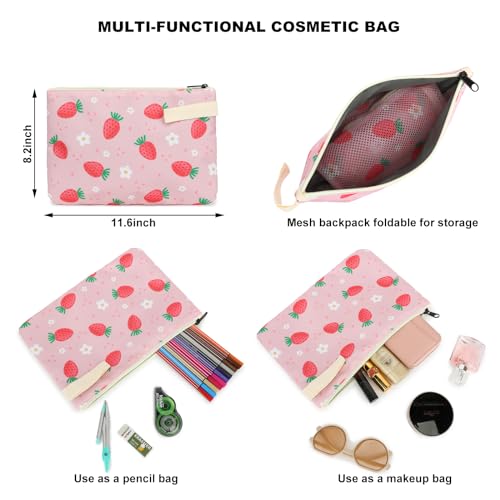 Strawberry Mesh Backpack for Girls Women, Semi-Transparent Kids School Backpack College Bookbag for Beach Gym Travel4