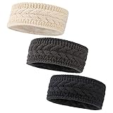 Hikon Fleece Lined Warm Cable Knit Winter Headband for Women Head wrap Ear Warmer Set of 3 Black Beige Dark Gray