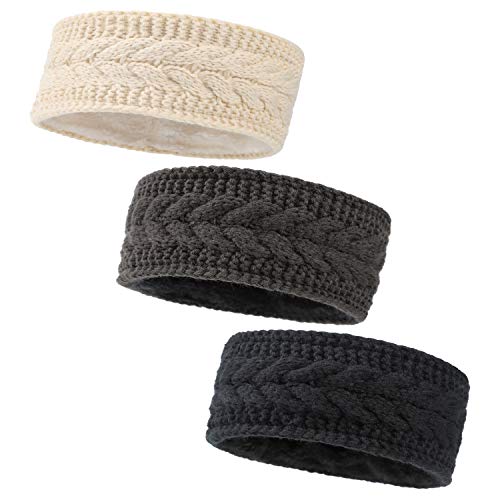 Hikon Fleece Lined Warm Cable Knit Winter Headband for Women Head wrap Ear Warmer Set of 3 Black Beige Dark Gray