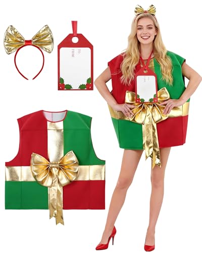 SOLOYEE Costumes de Noël pour Femmes et Hommes Cadeau, Déguisement de Fête Amusant Costume de Colis de Vacances avec Diadème à Ruban et Cartes