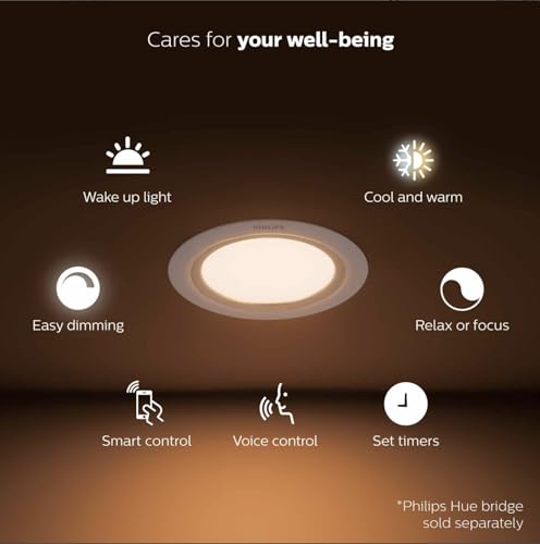 Image of PHILIPS Hue Smart 10.5W Garnea White Ambience Downlight 150mm Compatible with Amazon Alexa, Apple HomeKit, and The Google Assistant (2200-6500 K) Pack of 4 (1no hue Remote Included)