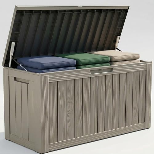 Image of 80 Gallon Resin Deck Box, Outdoor Container for Patio Furniture Cushions, Garden Tools, Pool Accessories & Yard Equipment - All-Weather, Lockable, Wood Grain Design