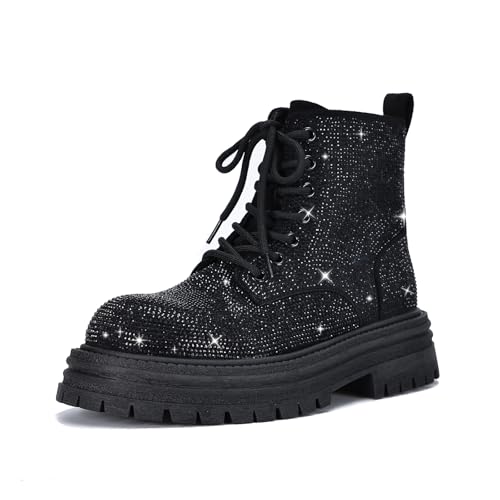 Women's Sparkly Rhinestone Chunky Platform Dress Boots Comfortable Round Toe Soft Sole Non-slip Goth Punk Short Boots with Side Zipper for Causal Walking Party
