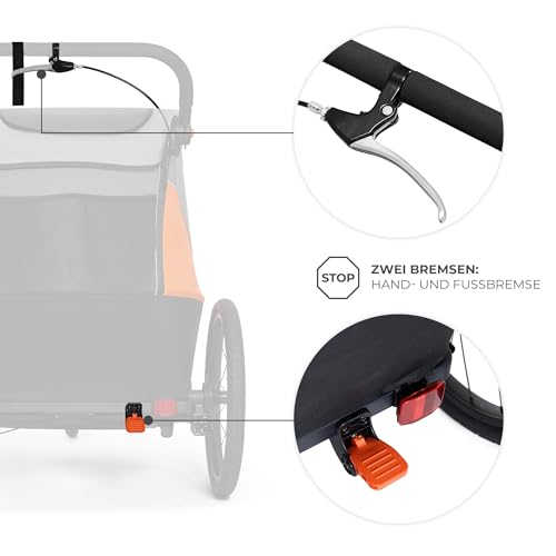 Kinderkraft NAVA 3in1, Kinderwagen, Laufwagen und Fahrradanhänger, für ein oder zwei Kinder (bis 44 kg), Sonnenschutz, zwei unabhängige Bremsen, Aluminiumrahmen, leicht zu falten,Orange