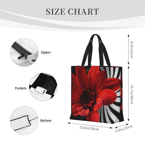 Red Flower Tote Bags for Women Canvas Tote Purse Large Shoulder Bag Aesthetic Shopping Bags Reusable Grocery Bag Hobo Bags Casual Handbags, Top Zipper Closure3