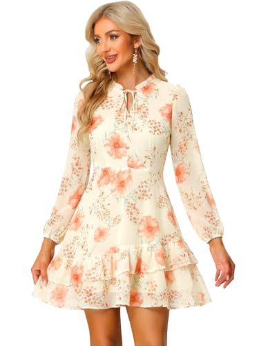Image of Allegra K Women's Spring Dresses 2026 Tie V Neck Semi Sheer Long Sleeve Layered Tiered Chiffon Mini Floral Dress