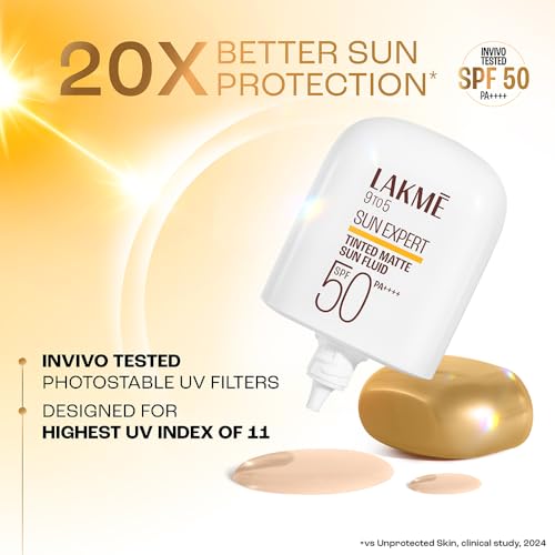 Image of Lakme Sun Expert Tinted Dry Matte Sunscreen Fluid SPF 50+ PA++++ | 1% Ceramide Complex for Skin Barrier Repair | Sheer Coverage Foundation Like Finish - Beige (50ml)