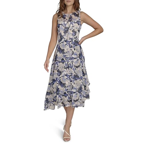 Image of Tommy Hilfiger Women's Sleeveless Keyhole Neck Chiffon Belted Hi-Lo Midi Dress