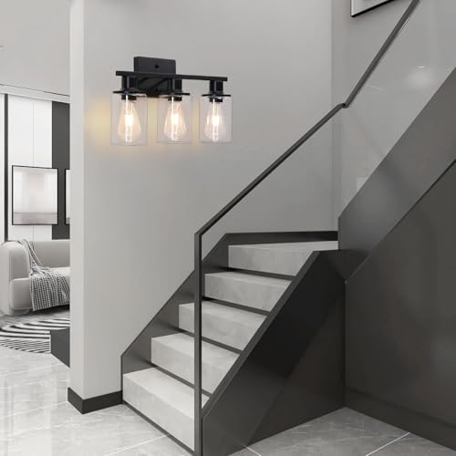 Image of Matte Black Bathroom Light Fixtures Over Mirror,3-Light Bathroom Vanity Light with Clear Glass Shade,Modern Farmhouse Wall Sconces Lighting for Mirror Kitchen Living Room Cabinet