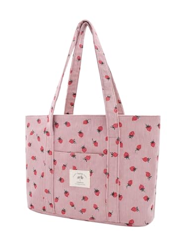 Image of TeeYee Women's Large Corduroy Tote Bag Zippered Shoulder Bag with Pockets | Strawberry Print Bag,Fits 15.6 inch Laptop,Wide Shoulder Straps,Large Capacity,Everyday Tote Bag,Multiple Pockets Design