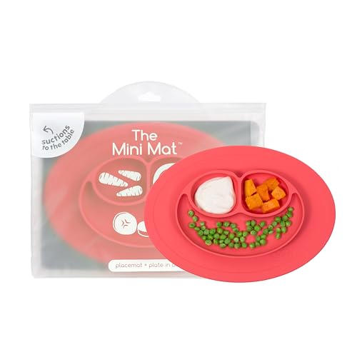 Image of ezpz Mini Mat (Coral) - 6-12 Months+ - 100% Silicone Suction Placemat + Divided Plate with Three Compartments - Supports Baby-Led Weaning - Designed for Highchair, Table, and Travel