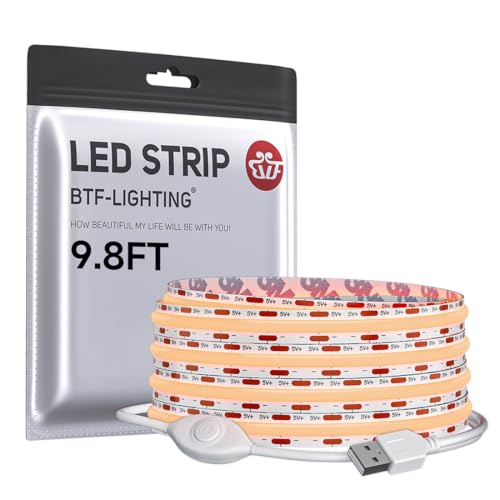 Image of BTF-LIGHTING FCOB COB LED Strip Lights 5V USB Powered Warm White 2700K