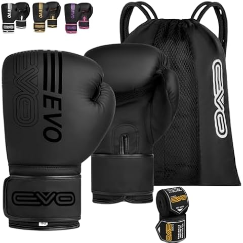 EVO Fitness Matte Black Boxing Gloves with Hand Wraps Cover