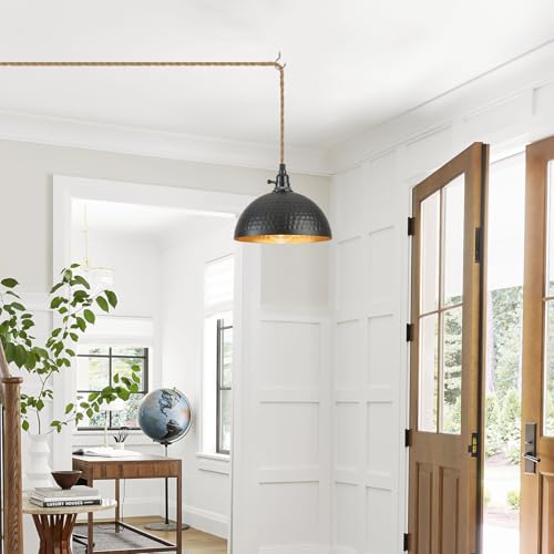 Image of Plug in Pendant Lights Hammered Dome Hanging Lamp with Dimmable Switch 15 Ft Long Hemp Rope Farmhouse Pndant Light Cord Lighting Fixture DIY Hanging Light