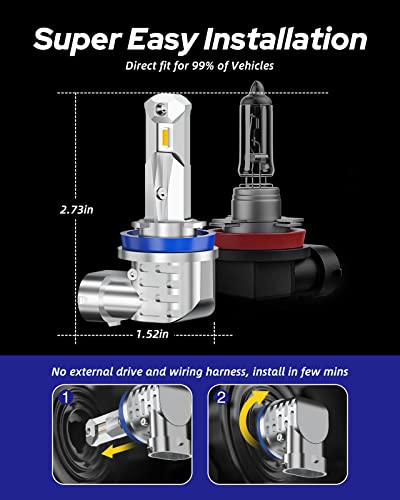 Image of AUTOONE H8 H11 H16 LED Fog Light Bulbs Amber Yellow, 3000K Super Bright for Automotive Fog Lights or DRL, Fanless Mini Size, Plug and Play, Pack of 2