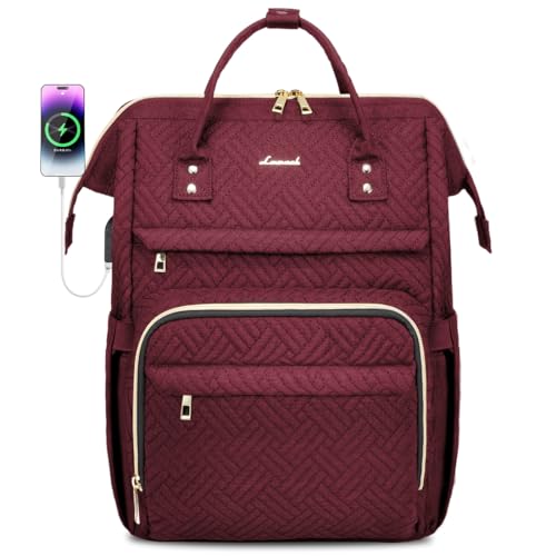 Image of LOVEVOOK Laptop Backpack for Women,15.6 Inch Professional Womens Travel Backpack Purse Computer Laptop Bag Nurse Teacher Backpack,Waterproof Work Bags Carry on Back Pack with USB Port,Wine Red Plait