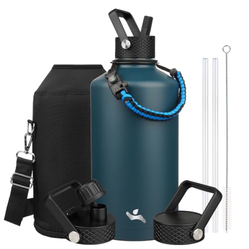 Image of Konokyo Gallon Insulated Water Bottle with Straw,128 oz 3 Lids Water Jug with Carrying Bag,Paracord Handle, Double Wall Vacuum Stainless Steel Metal Flask,Navy Blue