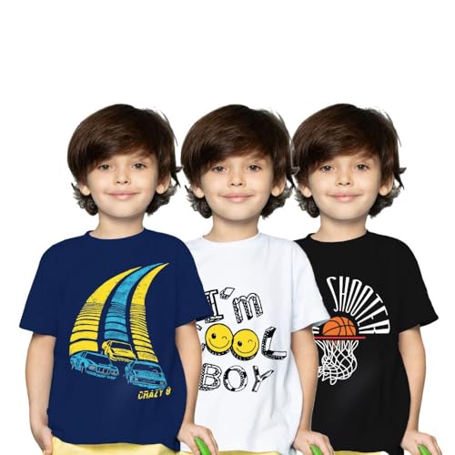 Image of Yazh Texworld Boys Round Neck Blended Cotton T-Shirts | Regular Fit | Half Sleeve | Casual Wear | Trendy | Combo Pack of 3 | Multicolor | Soft, Durable, and Stylish for Everyday use