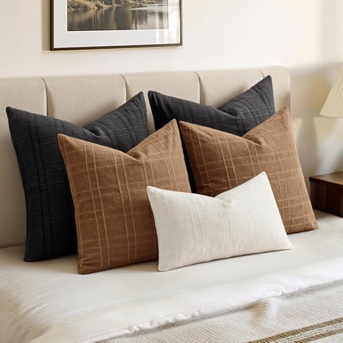Image of MIULEE Decorative Linen Check Throw Pillow Covers Neutral Farmhouse Vintage Pillow Covers 20x20 Set of 2 Boho Modern Winter Home Decor for Sofa Couch Bedroom Cushion Camel Brown