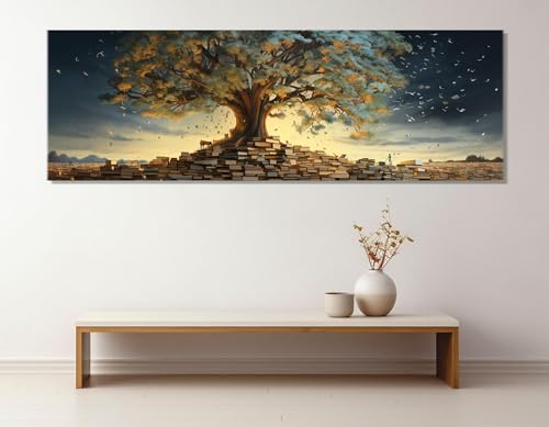 Arte murale su tela con studio astratto, poster e stampe di libri che crescono sugli alberi, decorazione per camera da letto, opera d'arte murale con libri e dipinti (45x135 cm/senza cornice)