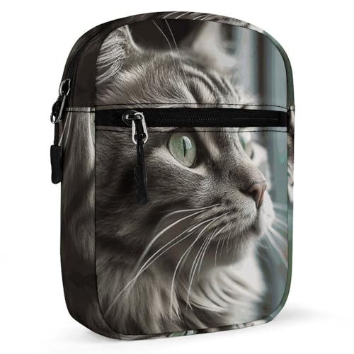 Personalized Small Crossbody Bag Water Resistant Messenger Bags Mini Gray with Green Eyes Printing SlingBag For Men Women 7