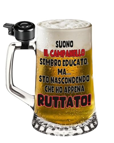 Boccale da Birra in Vetro con Campanello – Stampa Colorata “Suono il campanello sembro educato, ma… sto nascondendo che ho appena RUTTATO!!” – Idea Regalo Divertente per Amici e Feste