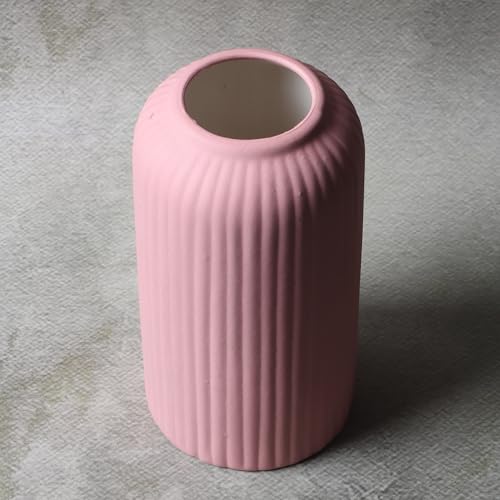 Image of KREATIVE ART'S Modern Ribbed Design Ceramic Flower Vase for Living Room, Flower Pots for Artificial Flower, Home Decoration Item, Home Decor, Vases for Living Room (Pink, Small)