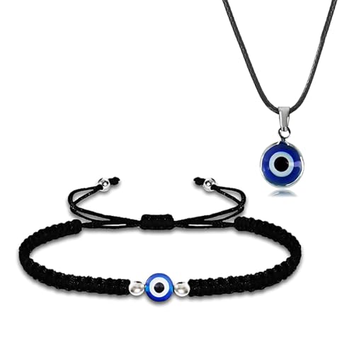 WHYCNJL 1 pulsera de cordón de mal de ojo con 1 collar de ojo de diablo, hecho a mano, cuerda negra, pulsera de protección, amuleto de la suerte, pulseras de la amistad