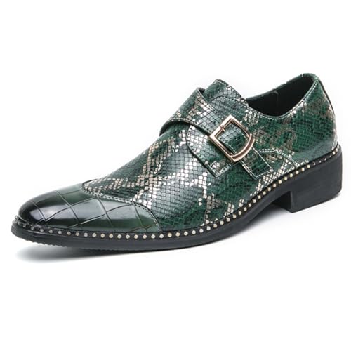 Men's Pointed Toe Snake Print Monk Strap Loafer Men Burnished Leather Metal Buckle Slip-On Low Top Oxford Shoes Formal Business Party Dress Shoes
