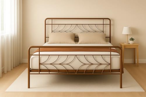 Image of Vara Metal Queen Size Bed Without Storage | Wrought Iron Double Bed with Headboard & Footboard | Sturdy Powder Coated Platform Bed Queen Size Cot for BedroomLivingRoom Brown (75x60)