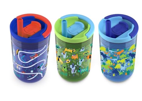 Image of Ello Kids Bop 12 oz Spill Resistant Tritan Tumbler With Removable Straw | Built In Carry Handle | 3 Pack (Cars, Dogs, Dinos)