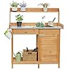 Yaheetech Outdoor Garden Potting Bench Table Work Bench Metal Tabletop WCabinet Drawer Open Shelf Natural Wood