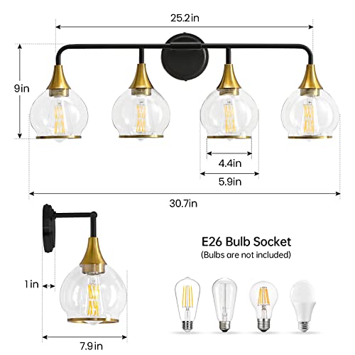 Image of Black and Gold Bathroom Vanity Light 4-Light Bathroom Vanity Light Fixtures Over Mirror with Clear Glass Shade 30.7 inch Wall Sconce Lighting Bath(Exclude E26 Bulb)
