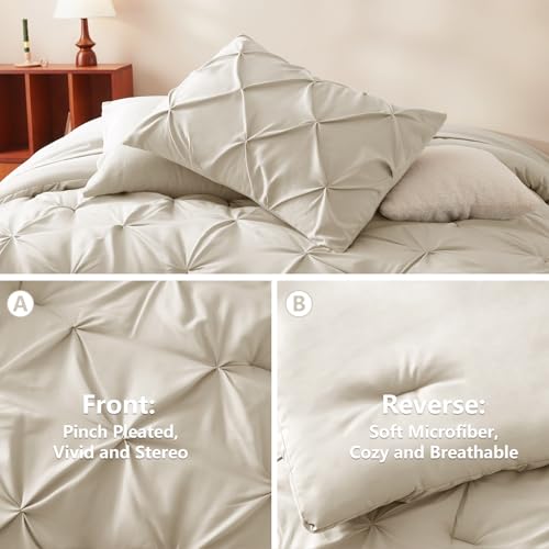 CozyLux Queen Comforter Set Oatmeal, 7 Pieces Pintuck Bed in A Bag, Premium Oatmeal Comforter Queen Size, Pinch Pleat Bedding Sets with Comforter, Sheets, Pillowcases & Shams