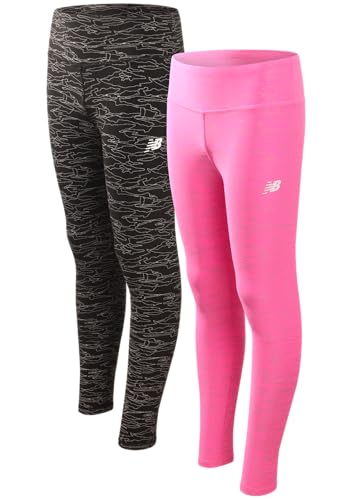 New Balance Girls Leggings - 2 Pack Girls Athletic Leggings for Dance Running Workout - Active Yoga Pants Tights for Kids, Size 14-16, Dark Black/Bright Pink