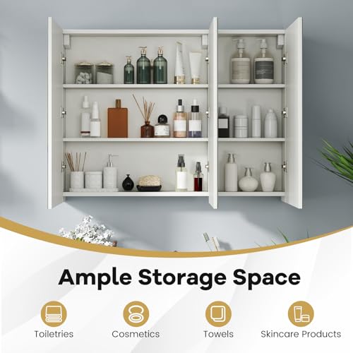 Armario de baño sin marco con espejo COSTWAY | Armario de almacenamiento de pared con 3 puertas y estantes, montaje empotrado o superficial opcional miniatura 6
