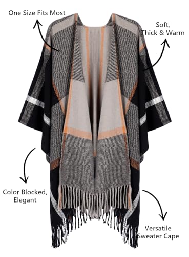 Image of Bestshe Women's Boho Open Front Poncho Plaid Shawl Wrap Cape | Tassel Cardigan Sweater, Cozy Layering, Fall Winter Clothes for Women