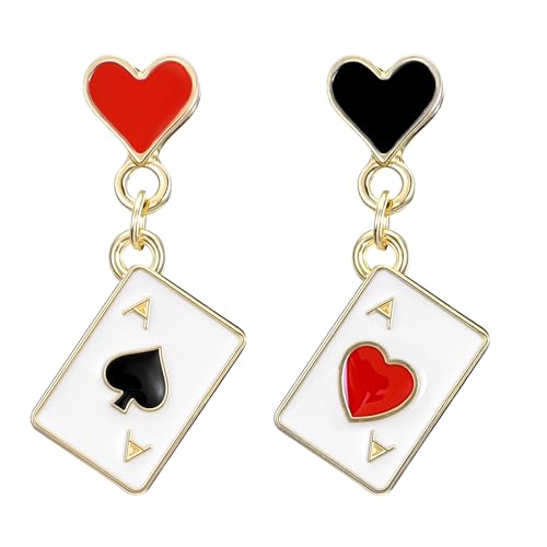 Queen of Hearts Earrings, Asymmetric Red Heart Poker Clock Dangle Earrings for Women, Trendy Costume Accessories Jewelry (White, Red, Black)