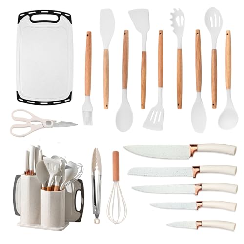 Kitchen Utensil Set, Kitchen Knife Sets with Block and 11 PCS Cooking Utensils Set,Heat Resistant Silicone Utensils, 6 Piece Stainless Steel Knive Set with Whisk Tongs and Cutting Board (White B)