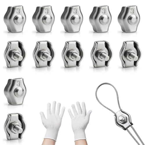 12 abrazaderas de cable de alambre M3,tensor cuerda tendedero 304, abrazaderas de cable para cable de acero de 3 mm con guante, tensor de tensor de tensión, toldo, edificio de jardín