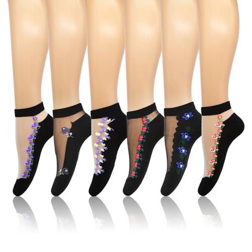 6 Pairs Floral Sheer Mesh Transparent Socks Ankle Lace Ultra Thin Fishnet See Through Jacquard Summer Socks