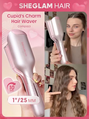 Image of SHEGLAM Pink 1 Inch Hair Waver for Women - Double Barrel Crimper Tool for Mermaid Beach Waves, Lightweight with Smart Timer & Adjustable Temps, Dual Voltage Anti-Scald Easy to Use for Short Hair