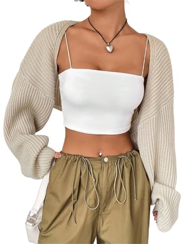 Image of WDIRARA Women's Ribbed Knit Open Front Crop Cardigan Drop Shoulder Long Sleeve Sweater Tops