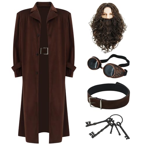 Gvnphal Wizard Costume Giant Rubeus Halloween Cosplay Outfit with Brown Wig Beard Steampunk Goggles Belt Keys for Adult XS/S