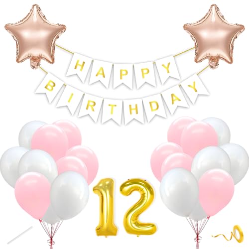 Image of Flyloons 12th Happy Birthday Decoration Kit Pink White for Boys Girls Kids Twins Men Women With 20 Pcs Pastel Balloons Birthday Banner 2 Pcs Star Items Set