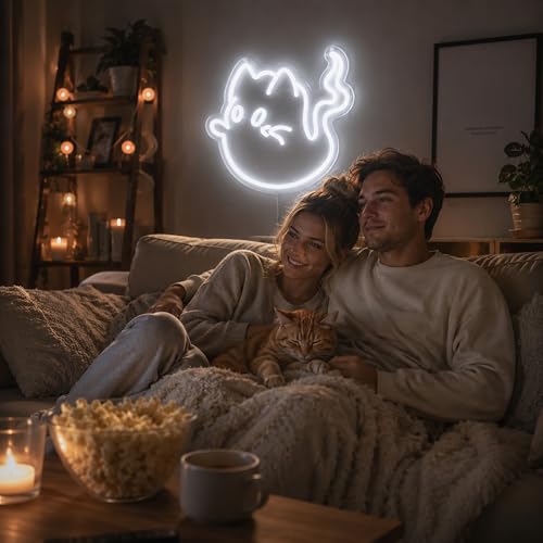 Image of Cat Ghost Neon Sign Led Neon Lights Neon Signs for Wall Decor Light Up Sign for Birthday Party Club Gift