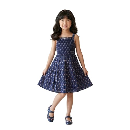Image of The Magic Wand Kids Girls Printed Cotton Summer Dresses, Knee Length Sleeveless Casual Western Stylish One Piece Fit & Flared Frock for Beach & Vacations