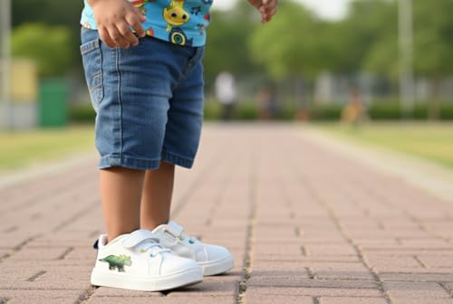 Image of Myau Kids Classic White Sneakers with Dinosaur Detail, Hook and Loop Straps, Casual Style, for 1-5 Years